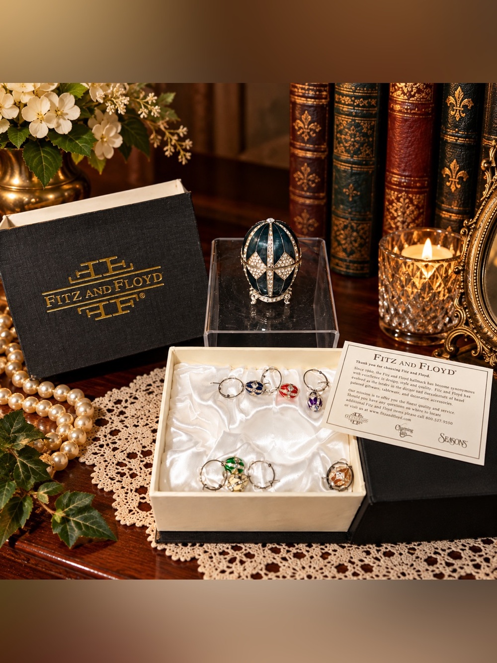 ✨ Fitz & Floyd Fabergé-Inspired Jeweled Egg Wine Charm Set – (6) Charms